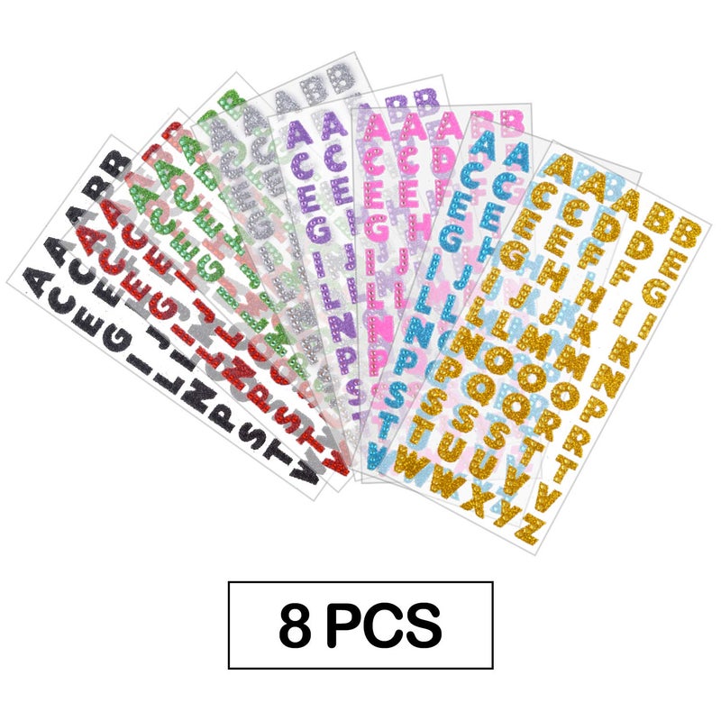 Aylifu Self Adhesive Glitter Alphabet Stickers, 8 Sheets Glitter Crystal Rhinestones Alphabet Letter Stickers A to Z Letter for Grad Cap and Handicraft Art - 8 Colors - Image 2